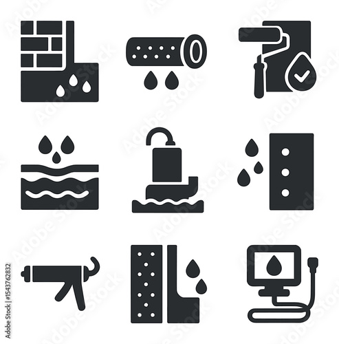 Waterproofing Icons Grid. Solid, filled icons set of basement and foundation waterproofing: foundation wall,