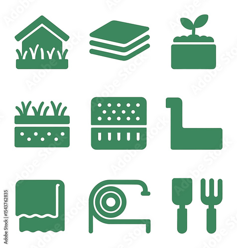 Green Roof Icons. Solid, filled icons set of green roof waterproof installation: green roof, waterproof