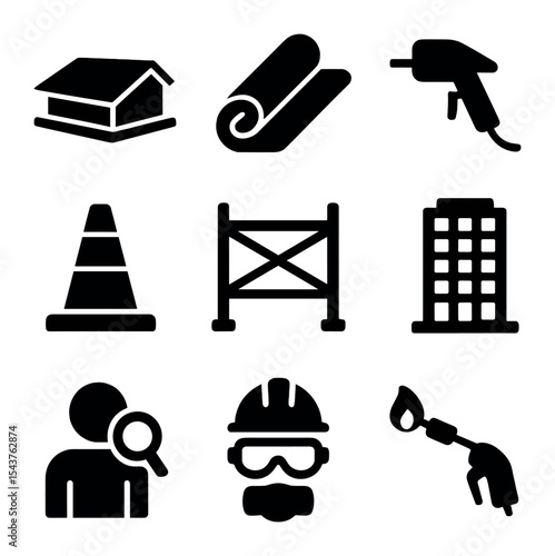 Industrial Icons Grid. Solid, filled icons set of industrial waterproof membrane installation: industrial roof