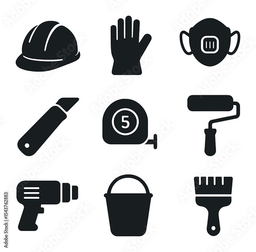 Waterproofing Tools Icons. Solid, filled icons set of waterproofing tools and safety gear: safety helmet, work
