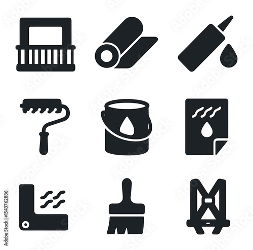 Waterproofing Icons Set. Solid, filled icons set of wall and balcony waterproofing: balcony icon, membrane