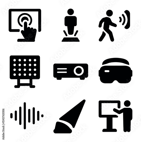 Digital Art Installations. Solid, filled icons set of interactive digital art installations: touchscreen,