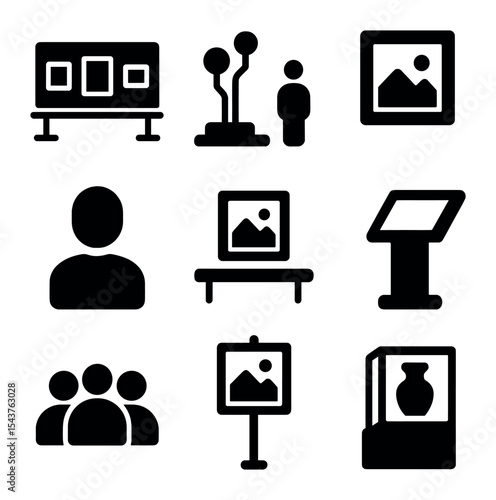 Gallery Installation Icons. Solid, filled icons set of public and gallery installations: gallery wall, public