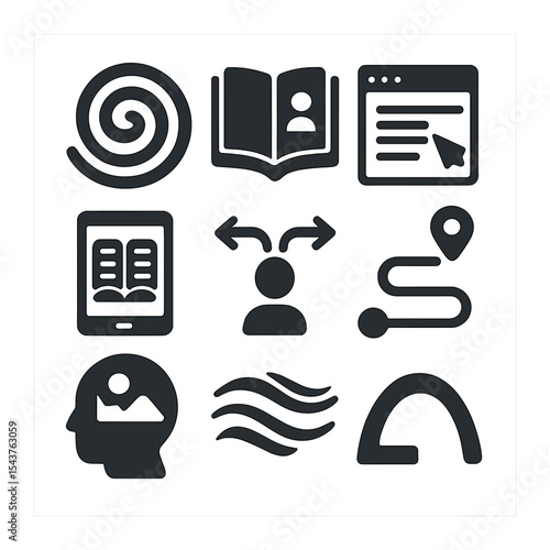 Interactive Storytelling Icons. Solid, filled icons set of interactive storytelling and narrative art: story