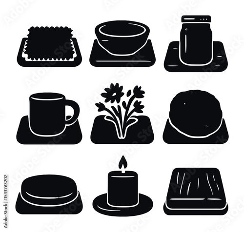 Rustic Tray Icon Set. Solid, filled icons set of casual and rustic tray styles: burlap mat, wooden bowl, mason