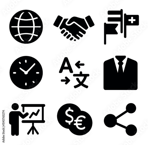 Global Business Icons. Solid, filled icons set of international client meetings: globe icon, handshake,