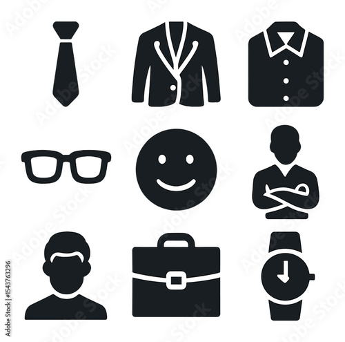 Professional Icons Set. Solid, filled icons set of professional attire and appearance: tie icon, blazer,