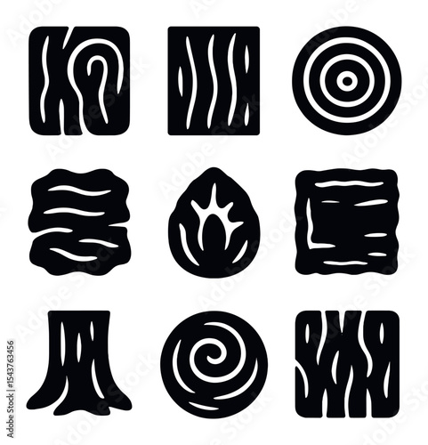 Tree Bark Icon Set. Solid, filled icons set of tree bark and wood grain: bark swirl, wood line, growth ring,