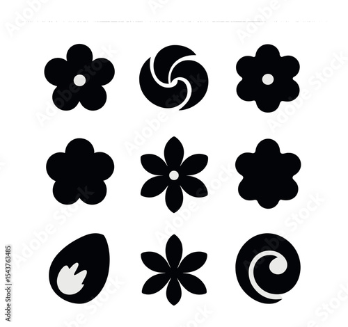 Flower Petal Icons. Solid, filled icons set of flower and petal textures: soft bloom, petal swirl, delicate