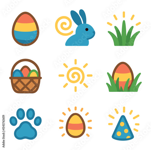 Easter Egg Icon Set. Solid, filled icons set of Easter egg hunt fun: colorful egg, bunny swirl, grass glow,