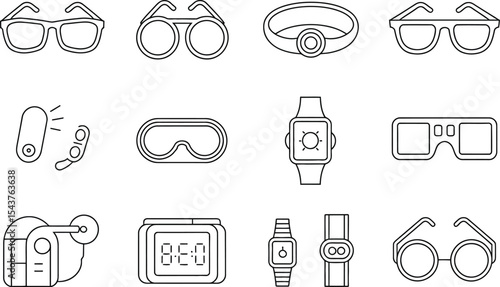 A collection of various outlined accessories including glasses and watches