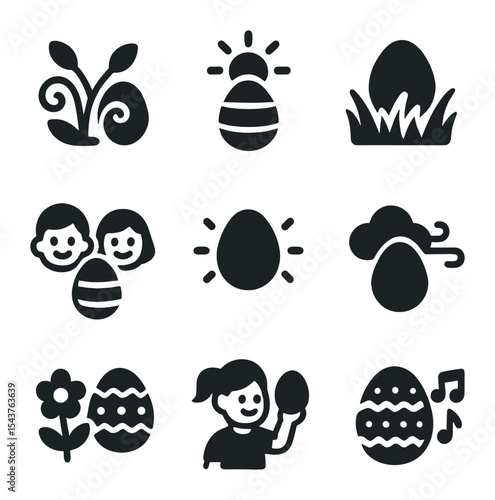 Easter Egg Icon Fest. Solid, filled icons set of outdoor Easter egg activities: garden swirl, sunny vibe, soft
