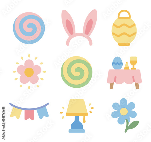 Easter Party Icons. Solid, filled icons set of themed Easter party decor: pastel swirl, bunny ear, egg light,