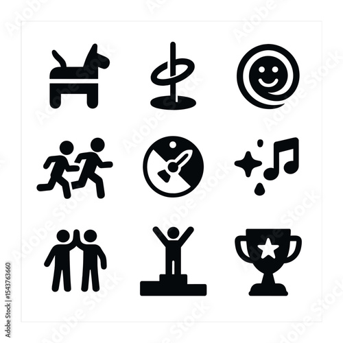 Playful Party Icons. Solid, filled icons set of playful party games: piñata swirl, toss ring, happy swirl, fun
