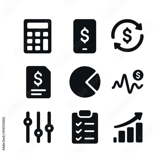 Money Management Icons. Solid, filled icons set of money management tools: calculator icon, budget app, cash