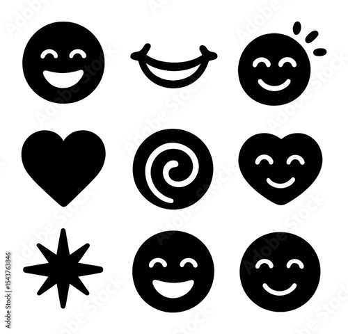 Humor Icon Set. Solid, filled icons set of humor and laughter essentials: laughing face, smile glow, joyful