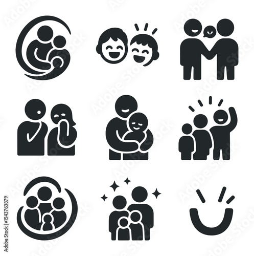 Family Humor Icons. Solid, filled icons set of family humor dynamics: family swirl, kids' giggle, shared joke,