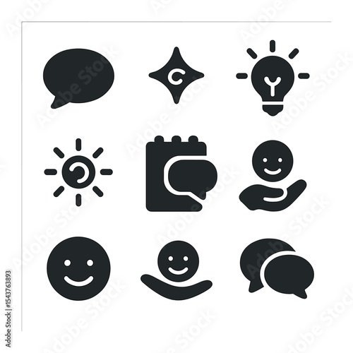 Humor Communication Icons. Solid, filled icons set of humor in communication: talk bubble, fun spark, idea
