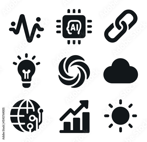 Tech Collaboration Icons. Solid, filled icons set of digital and tech collaborations: data wave, AI icon,
