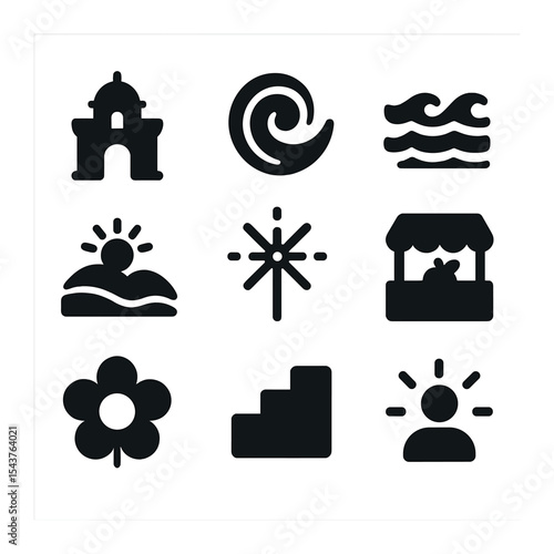 Cultural Icons Grid. Solid, filled icons set of regional tourism and culture: landmark icon, local swirl,