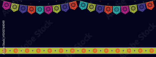 Hispanic Heritage Month, Cinco de Mayo, Fiesta. Vector horizontal background with copy space. Vector illustration with Papel Picado festive flags and decorative frame.