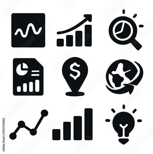 Data Insights Icons. Solid, filled icons set of data-driven economic insights: chart wave, growth data,