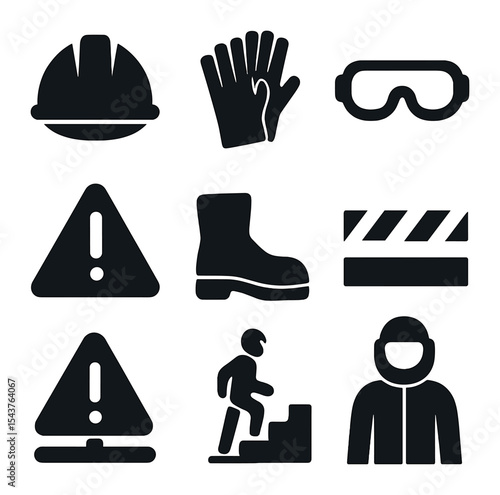 Manufacturing Safety Icons. Solid, filled icons set of manufacturing safety essentials: safety helmet, gloves