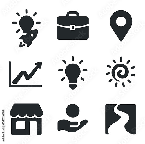 Local Business Icons. Solid, filled icons set of local business support and innovation: startup light,