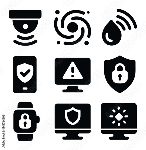 Digital Safety Icons. Solid, filled icons set of digital safety monitoring systems: sensor icon, data swirl,