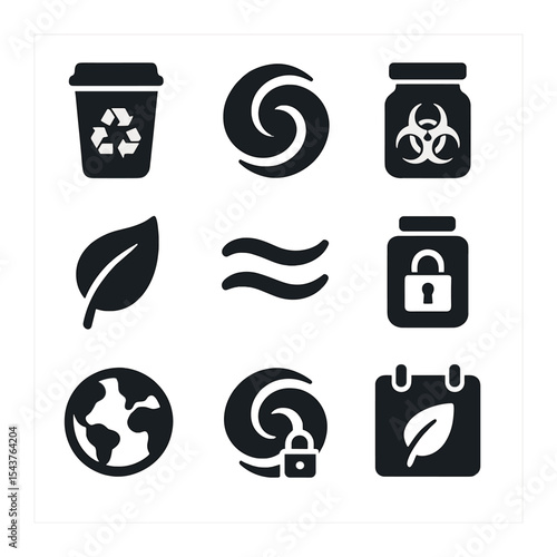Environmental Safety Icons. Solid, filled icons set of environmental safety and waste: recycle bin, green
