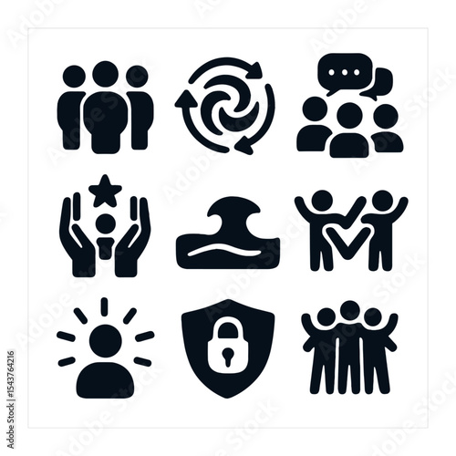 Safe Production Icons. Solid, filled icons set of safe production culture and teamwork: group icon, shared