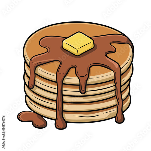 Golden Stack of Pancakes with Rich Chocolate Syrup and Butter