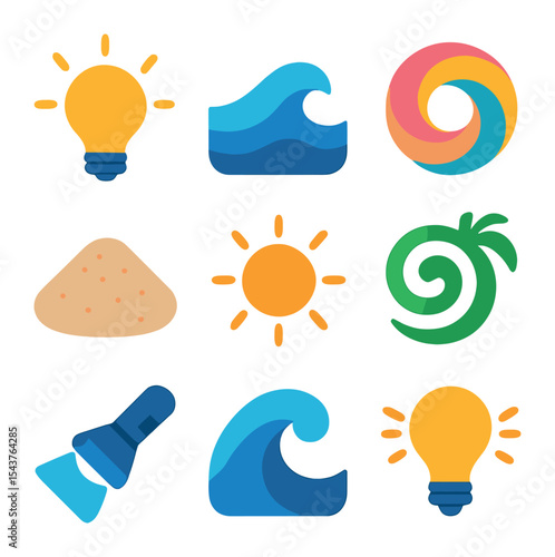 Creative Energy Icons Grid. Solid, filled icons set of creative work energy: idea spark, ocean vibe, color