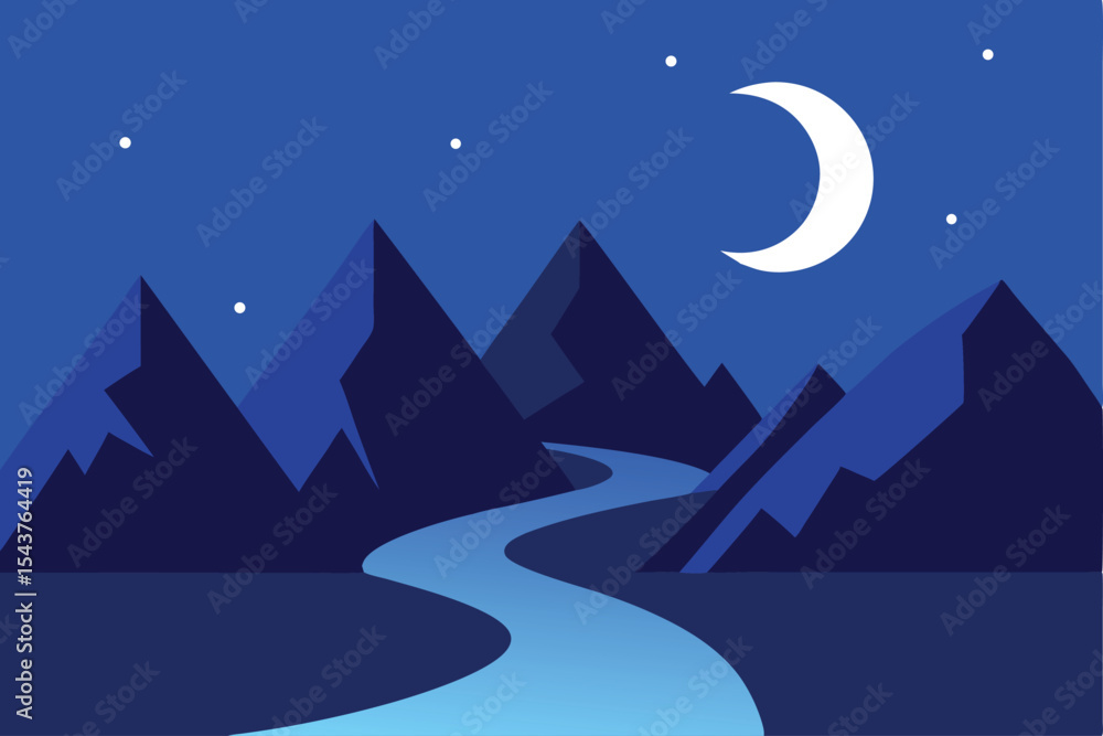 Obraz premium Stylized illustration of a night landscape with mountains, a river, a crescent moon, and stars.