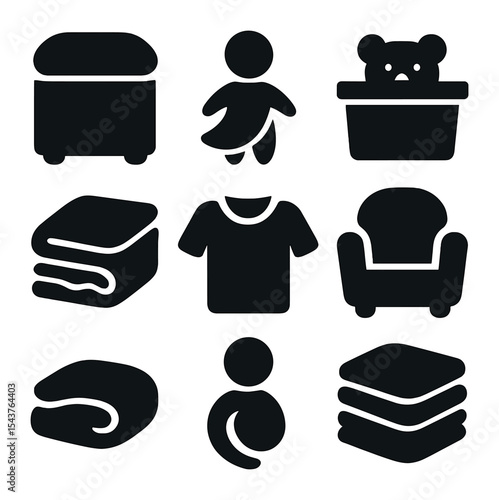 Kids' Clothing Icons. Solid, filled icons set of kids’ clothing organization: bright ottoman, kids’ swirl, toy