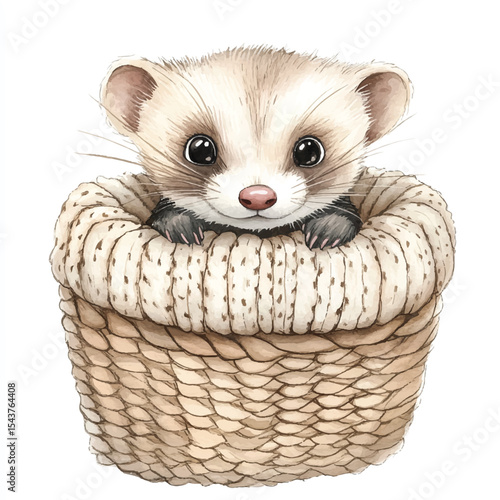 Adorable Ferret Nestled in a Knitted Basket