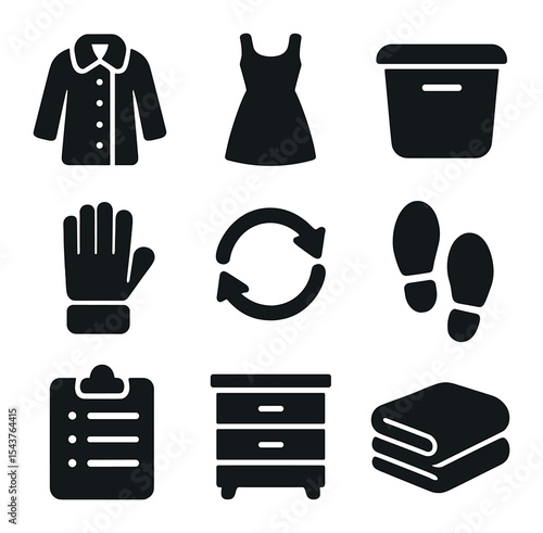 Seasonal Clothing Icons. Solid, filled icons set of seasonal clothing rotation: winter coat, summer dress,