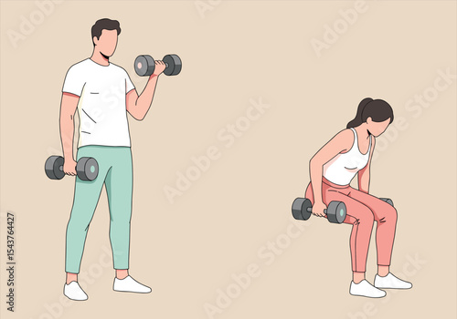 A fit young woman is intensely training with dumbbells, showcasing her muscular body during a gym workout