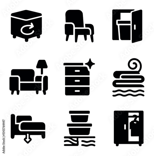 Small Apartment Storage Icons. Solid, filled icons set of small apartment storage hacks: ottoman swirl, tiny
