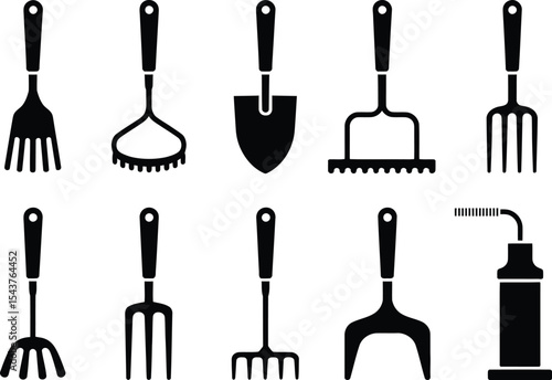 Collection of various gardening tools and equipment in black silhouette style
