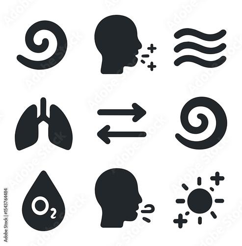 Breathing Icons Grid. Solid, filled icons set of breathing fundamentals: inhale swirl, exhale glow, breath