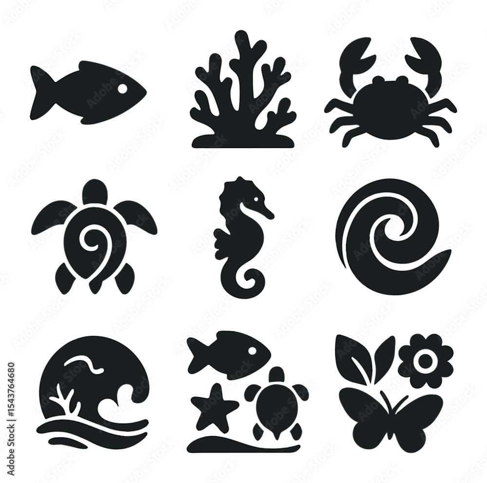 Obraz premium Ocean Life Icons. Solid, filled icons set of ocean life and biodiversity: fish icon, coral reef, crab swirl,