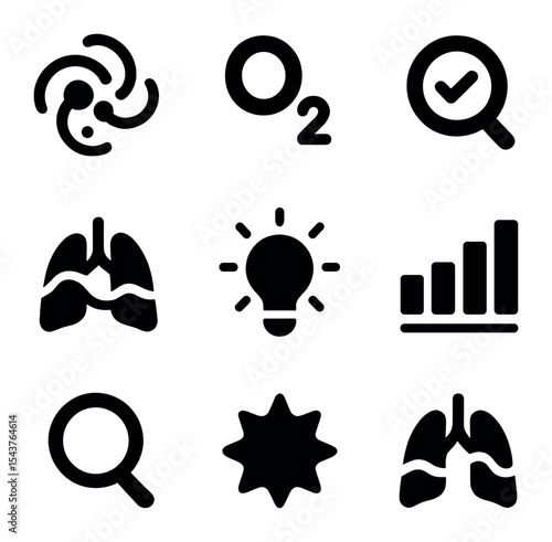 Science Icons Grid. Solid, filled icons set of science and research of breathing: molecule swirl, oxygen atom,
