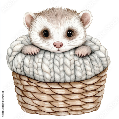 Adorable Ferret Nestled in Knitted Basket