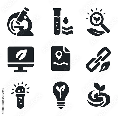 Environmental Science Icons. Solid, filled icons set of environmental science research: microscope swirl,