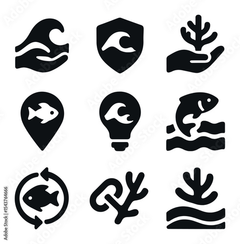 Marine Conservation Icons. Solid, filled icons set of marine conservation and action: save wave, ocean protect