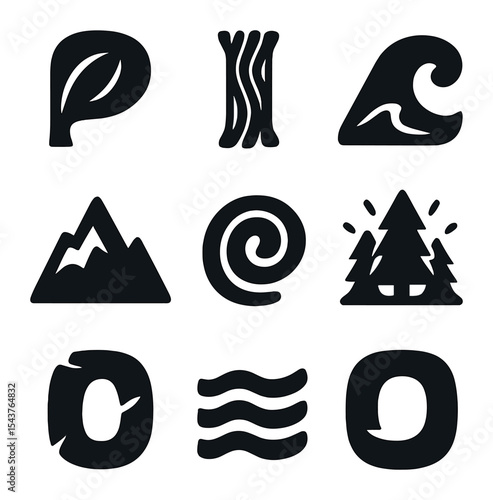 Nature-Inspired Typeface Icons. Solid, filled icons set of nature-inspired typefaces: leafy letter, wood grain