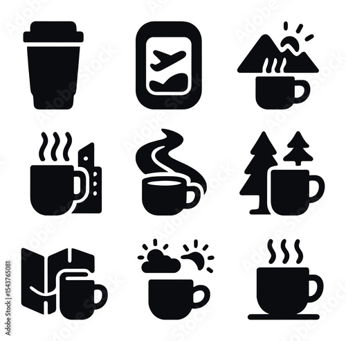 Travel Coffee Icons. Solid, filled icons set of travel coffee moments: travel mug, window view, mountain glow,
