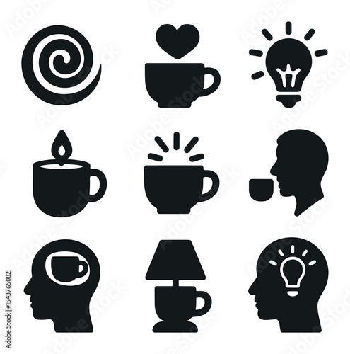 Creative Coffee Icons. Solid, filled icons set of creative coffee rituals: coffee swirl, art mug, bright idea,
