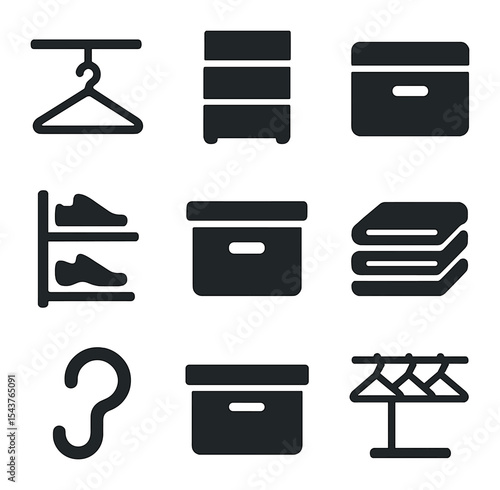 Closet Organization Icons. Solid, filled icons set of closet organization basics: hanging rod, shelf stack,